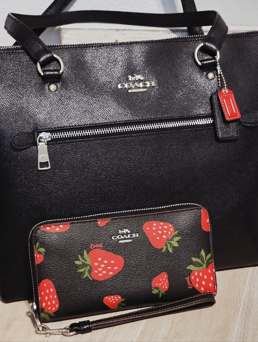 Coach Strawberry Long Wallet Wristlet + Coach Gallery Tote Shoulder Black Bag 🍓